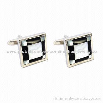 Brass Cufflinks with Onyx and Mop and Plating White Steel (Nickel-free)